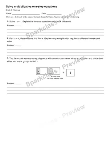 Solve multiplicative one-step equations — Warm-up — Grade 6 worksheet preview