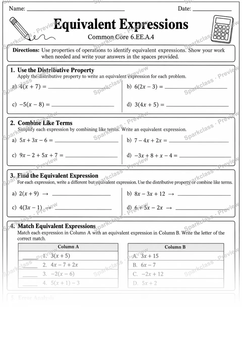 4 Equivalent Expressions Independent 3 — page 1