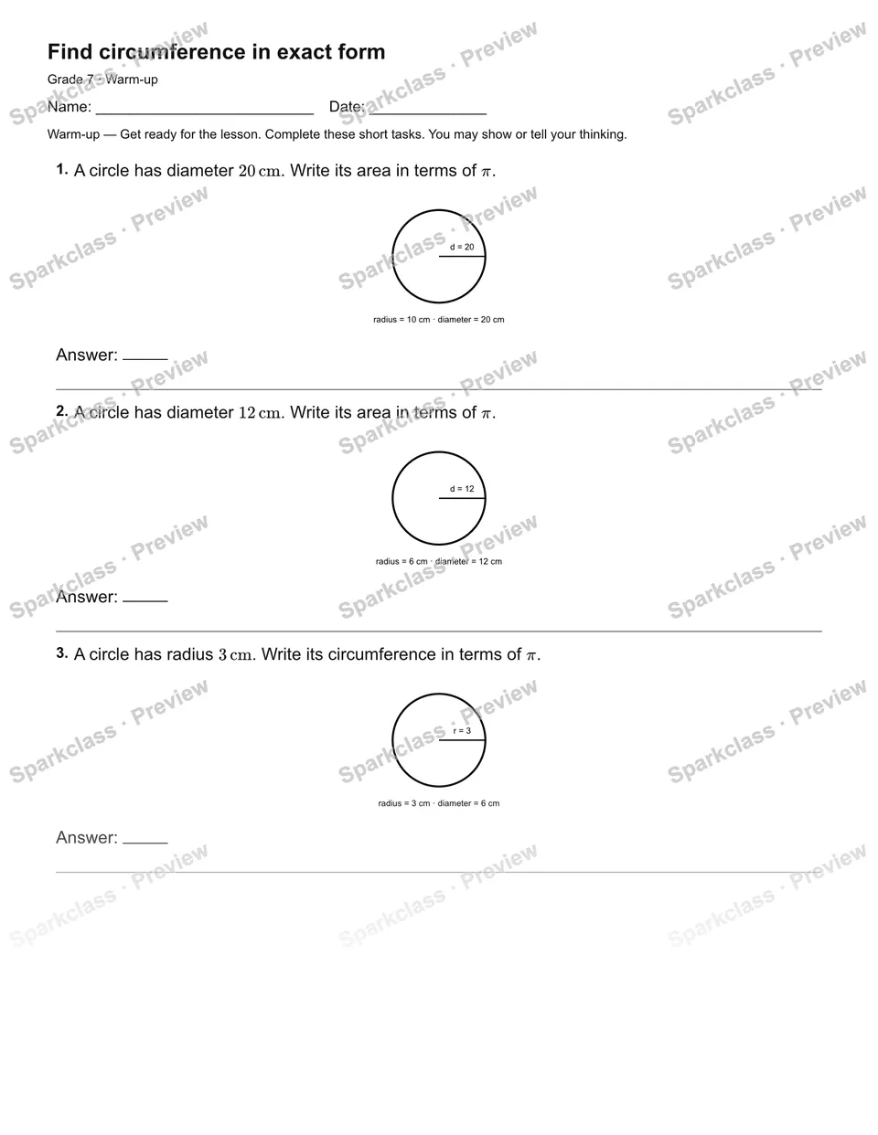 Find circumference in exact form — Warm-up — page 2