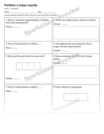 Partition a shape equally — Homework — Grade 1 worksheet preview
