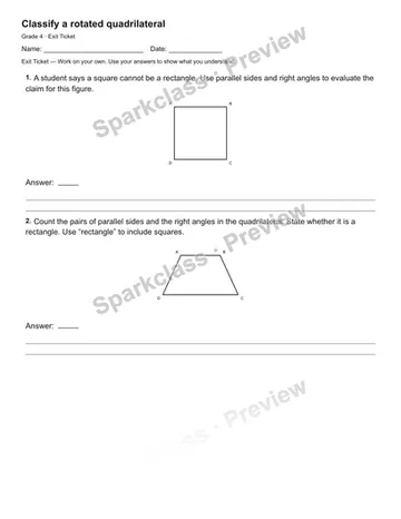 Classify a rotated quadrilateral — Exit Ticket — Grade 4 worksheet preview