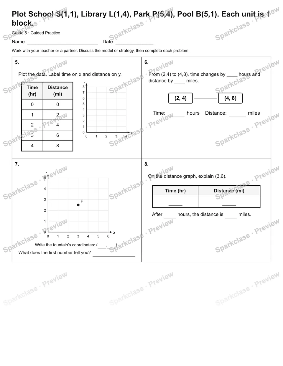 Plot School S(1,1), Library L(1,4), Park P(5,4), Pool B(5,1). Each unit is 1 block. — Guided Practice — page 2