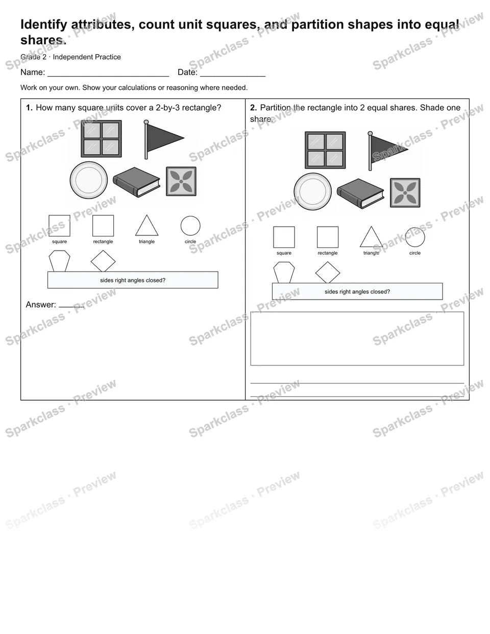 Identify attributes, count unit squares, and partition shapes into equal shares. — Independent Practice — page 1
