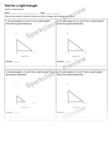 Test for a right triangle — Guided Practice — Grade 8 worksheet preview