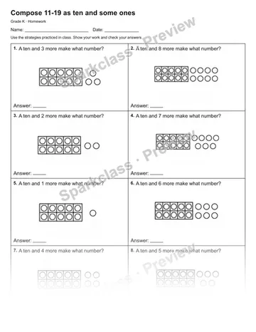 Compose 11-19 as ten and some ones — Homework — Kindergarten worksheet preview
