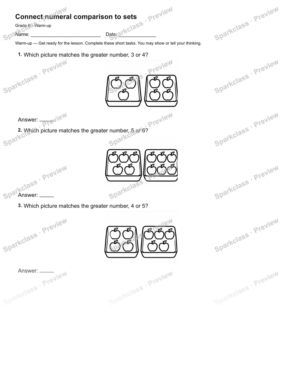 Connect numeral comparison to sets — Warm-up — page 1
