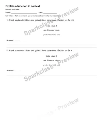 Explain a function in context — Exit Ticket — Grade 8 worksheet preview