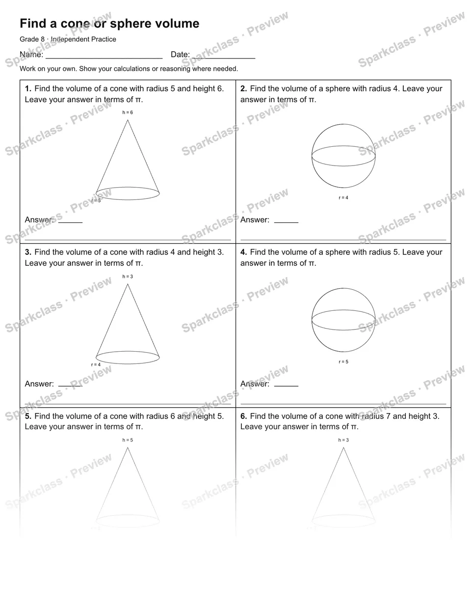 Find a cone or sphere volume — Independent Practice — page 1