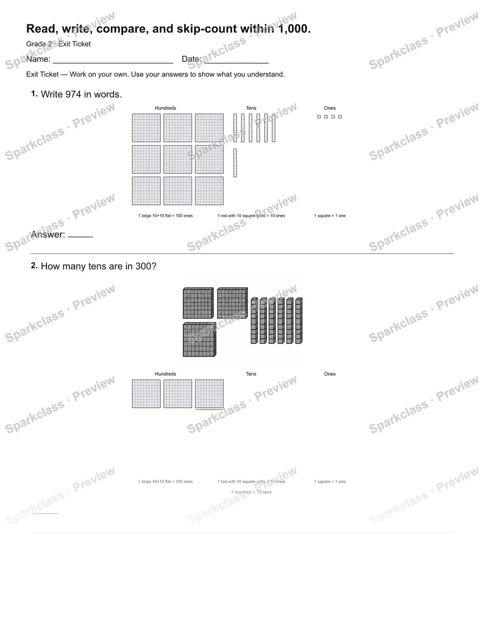 Read, write, compare, and skip-count within 1,000. — Exit Ticket — page 1