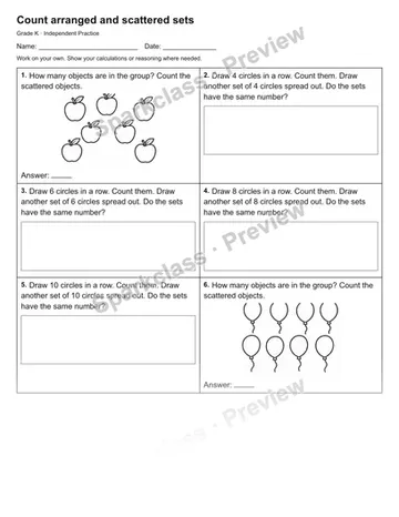 Count arranged and scattered sets — Independent Practice — Kindergarten worksheet preview