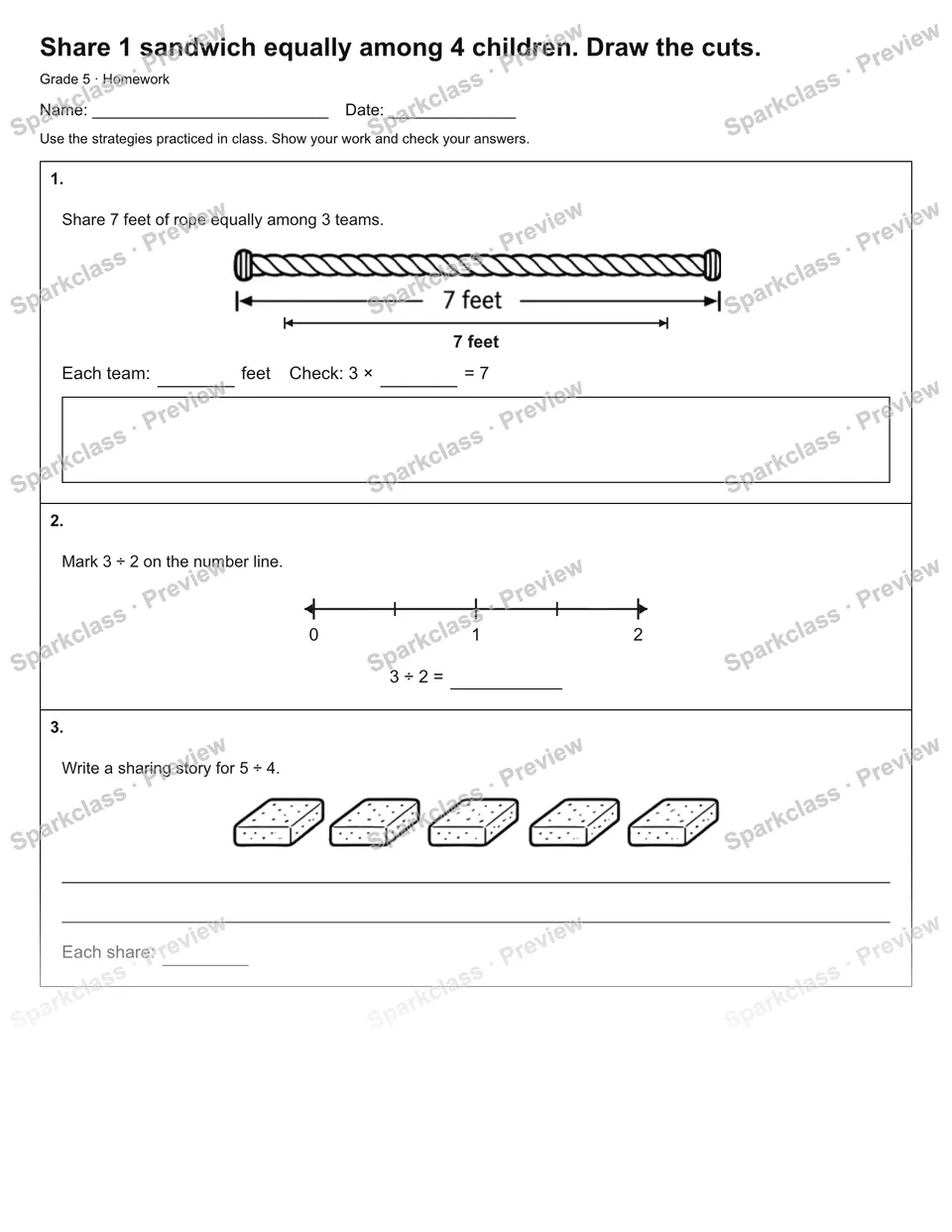 Share 1 sandwich equally among 4 children. Draw the cuts. — Homework — page 1