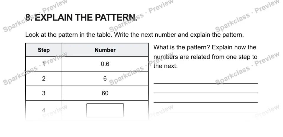8. EXPLAIN THE PATTERN. Look at the pattern in the table. Write the next number and explain the pattern. Step Number 1 0.6 2 6 3 60 4 What is the pattern? Explain how the numbers a — page 1