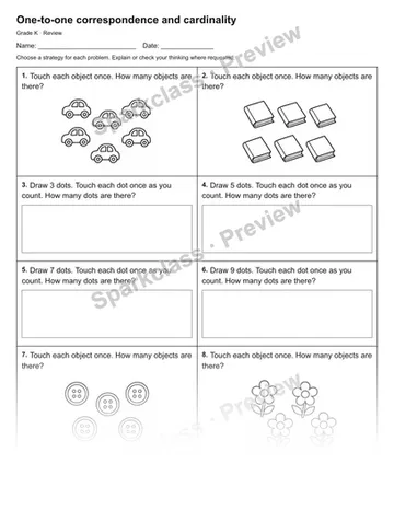 One-to-one correspondence and cardinality — Review — Kindergarten worksheet preview