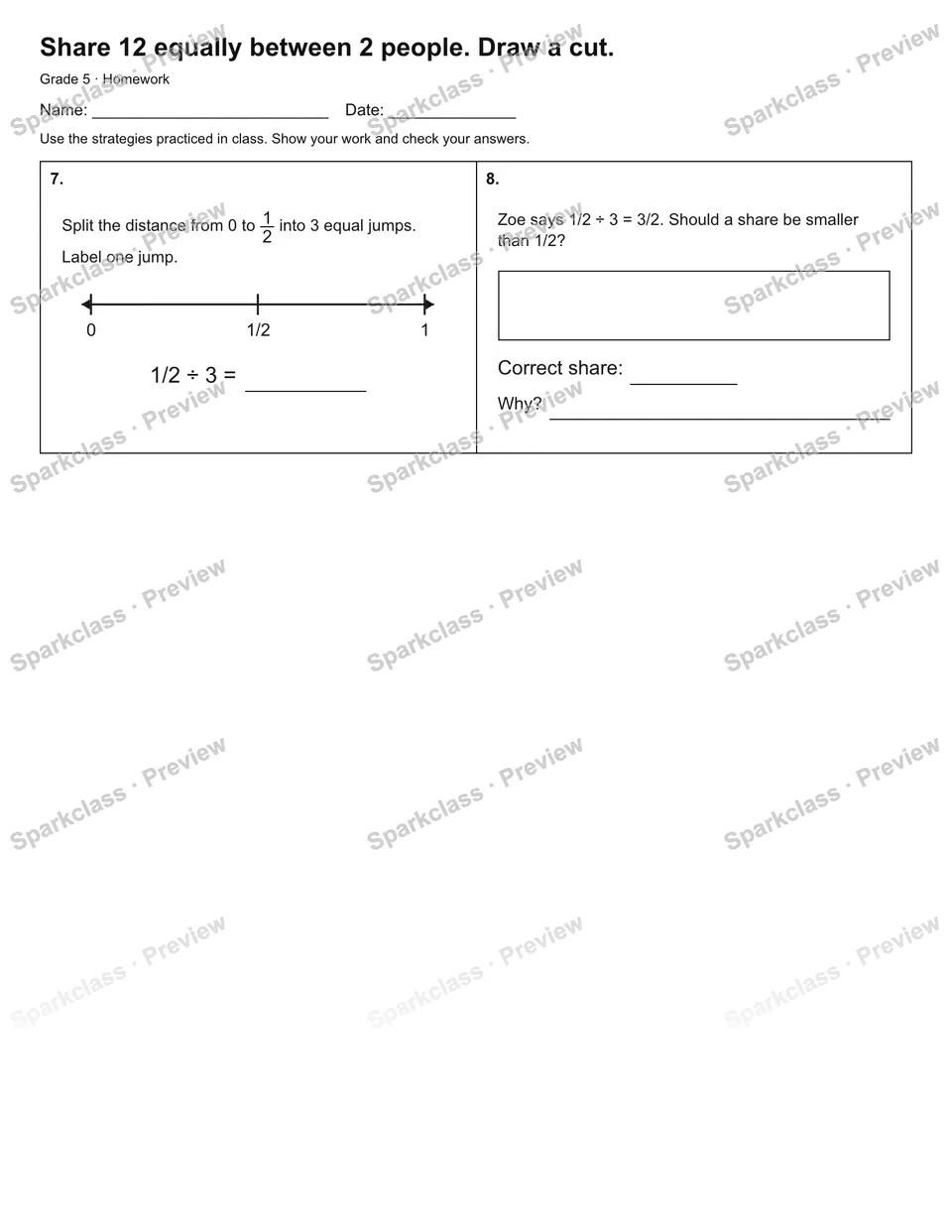 Share 12 equally between 2 people. Draw a cut. — Homework — page 2
