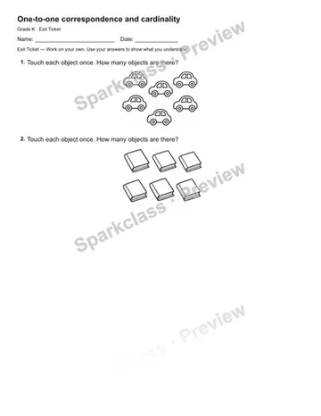 One-to-one correspondence and cardinality — Exit Ticket — Kindergarten worksheet preview