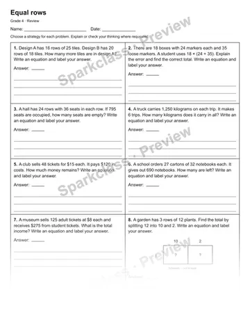 Equal rows — Review — Grade 4 worksheet preview