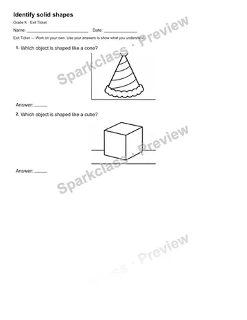Identify solid shapes — Exit Ticket — Kindergarten worksheet preview