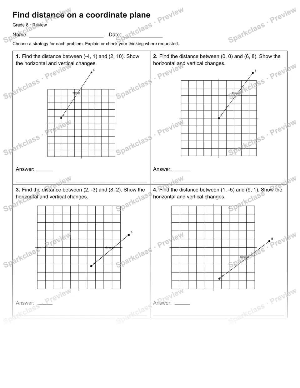 Find distance on a coordinate plane — Review — page 1