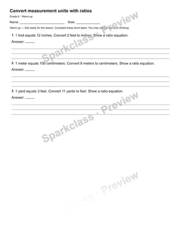 Convert measurement units with ratios — Warm-up — Grade 6 worksheet preview