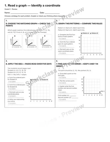 1. Read a graph — Identify a coordinate — Review — Grade 5 worksheet preview