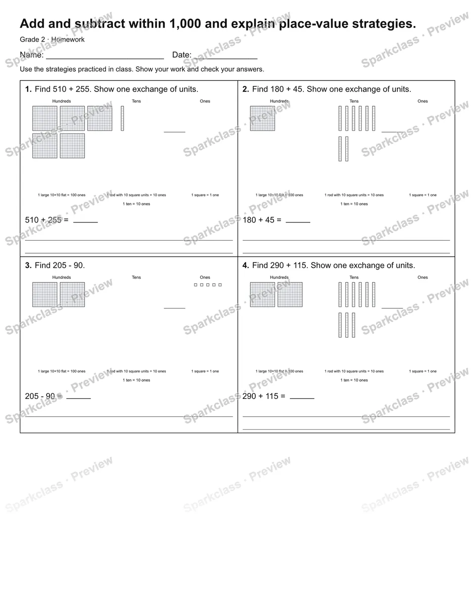 Add and subtract within 1,000 and explain place-value strategies. — Homework — page 1