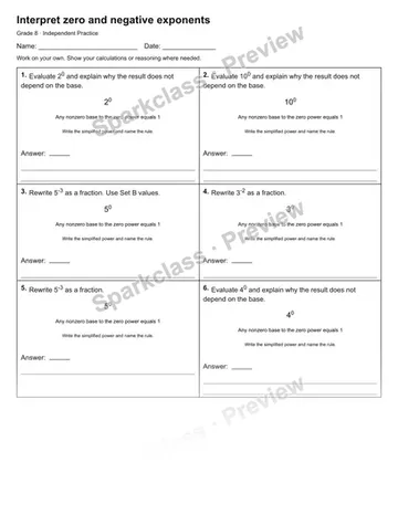 Interpret zero and negative exponents — Independent Practice — Grade 8 worksheet preview