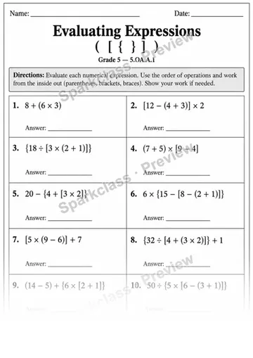 5.OA.A.1 · 1 Parentheses Expressions Variant 01 — Grade 5 worksheet preview
