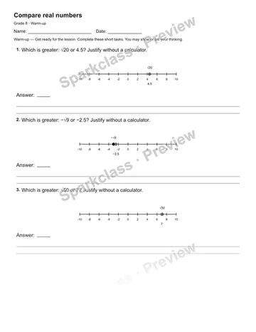 Compare real numbers — Warm-up — Grade 8 worksheet preview