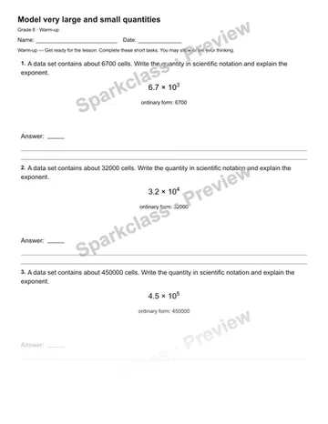 Model very large and small quantities — Warm-up — Grade 8 worksheet preview