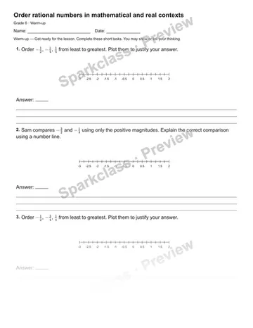 Order rational numbers in mathematical and real contexts — Warm-up — Grade 6 worksheet preview