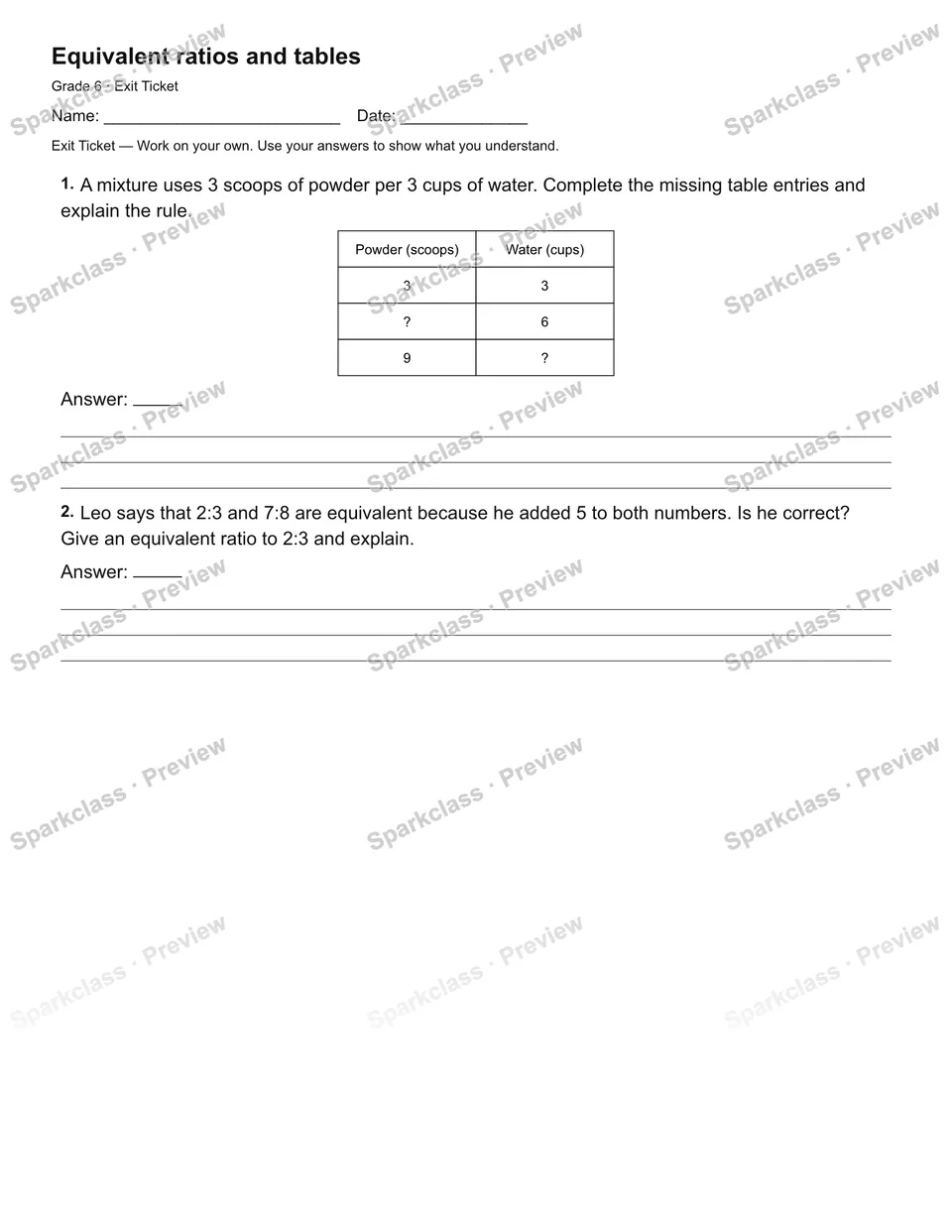 Equivalent ratios and tables — Exit Ticket — page 1