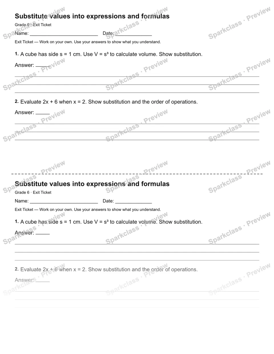 Substitute values into expressions and formulas — Exit Ticket — page 1