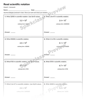 Read scientific notation — Homework — Grade 8 worksheet preview