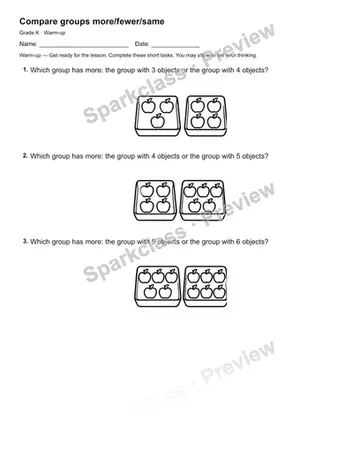 Compare groups more/fewer/same — Warm-up — Kindergarten worksheet preview