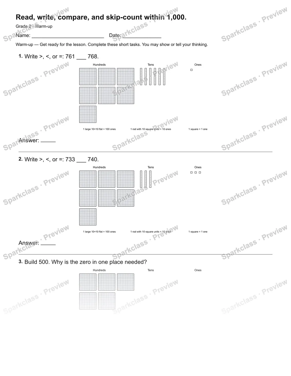 Read, write, compare, and skip-count within 1,000. — Warm-up — page 1