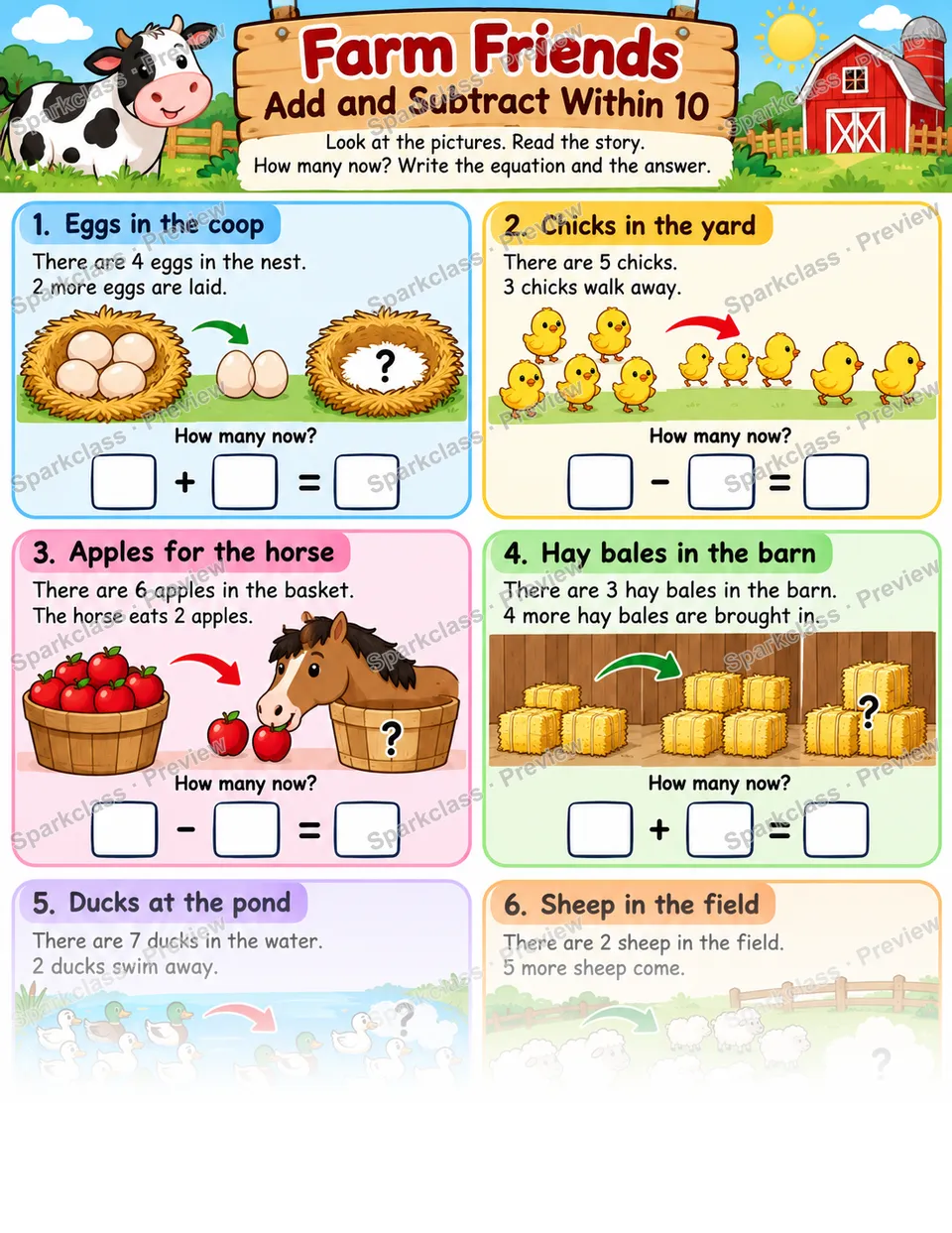 Add and Subtract Within 10 · Farm Friends — page 1