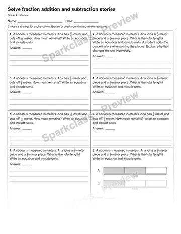 Solve fraction addition and subtraction stories — Review — Grade 4 worksheet preview