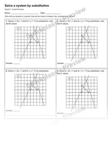 Solve a system by substitution — Guided Practice — Grade 8 worksheet preview