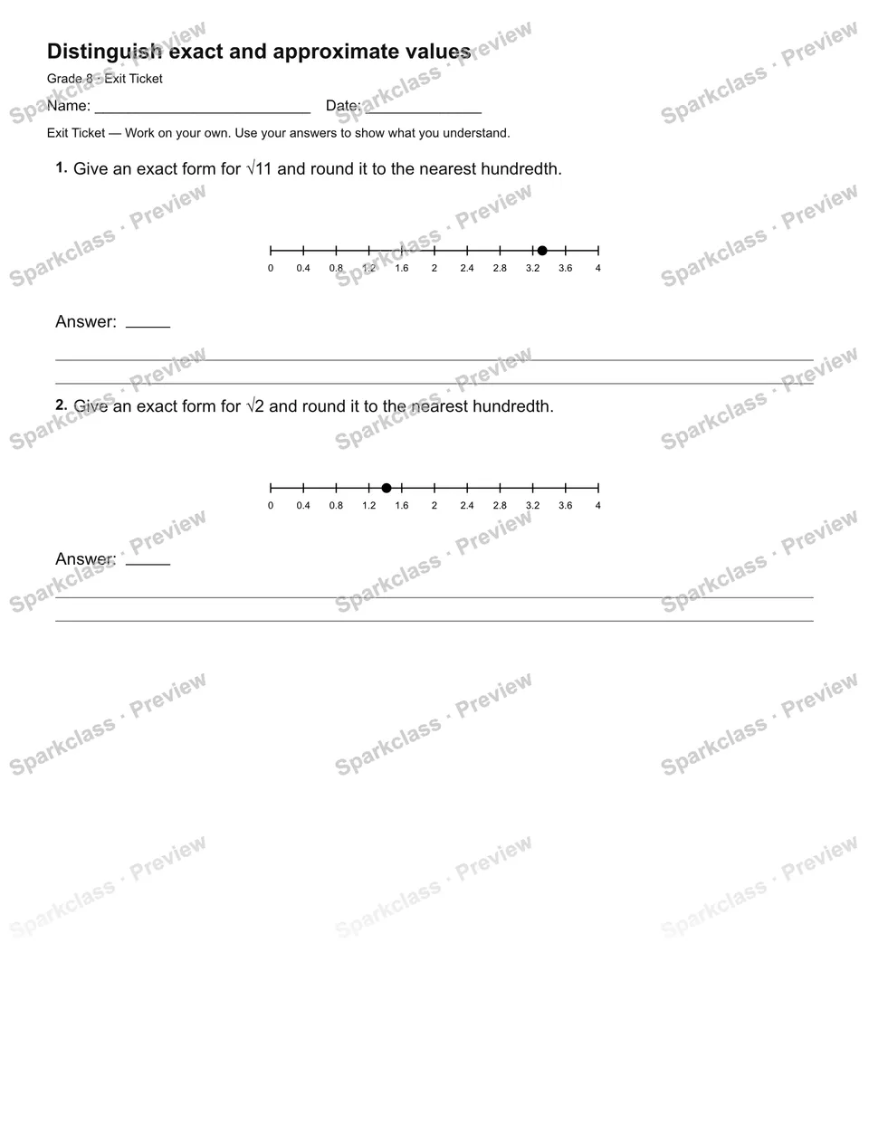Distinguish exact and approximate values — Exit Ticket — page 1