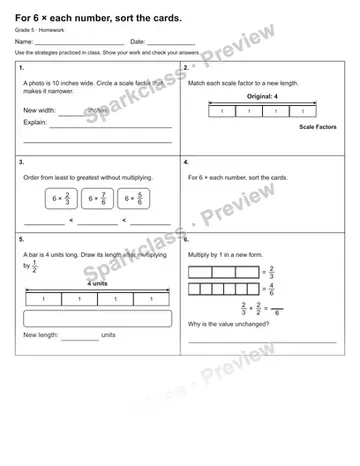 For 6 × each number, sort the cards. — Homework — Grade 5 worksheet preview
