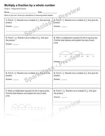 Multiply a fraction by a whole number — Independent Practice — Grade 4 worksheet preview
