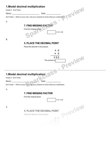 1.Model decimal multiplication — Exit Ticket — Grade 5 worksheet preview