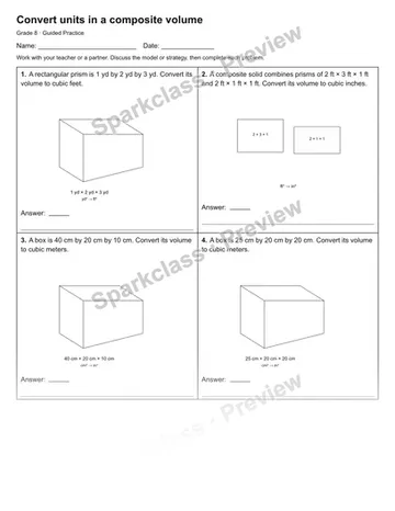 Convert units in a composite volume — Guided Practice — Grade 8 worksheet preview