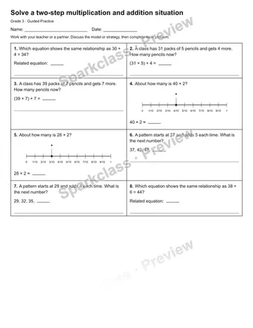 Solve a two-step multiplication and addition situation — Guided Practice — Grade 3 worksheet preview