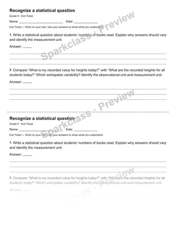 Recognize a statistical question — Exit Ticket — Grade 6 worksheet preview