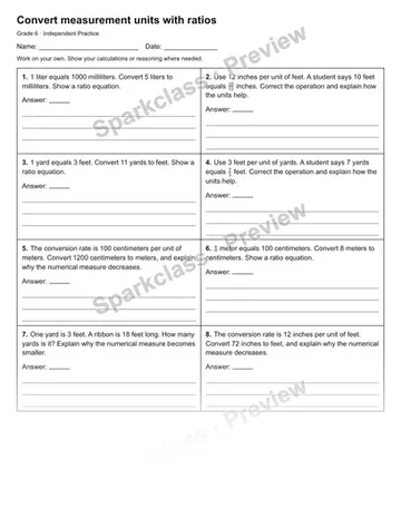 Convert measurement units with ratios — Independent Practice — Grade 6 worksheet preview