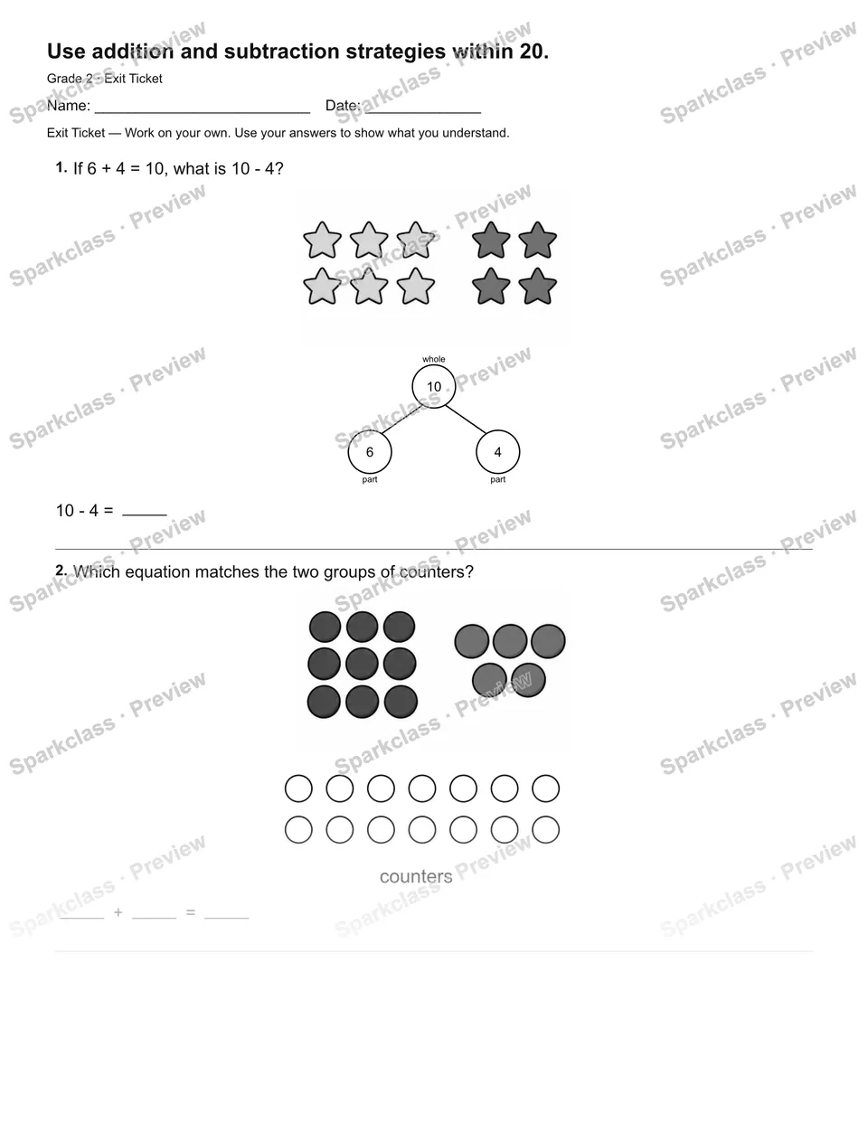 Use addition and subtraction strategies within 20. — Exit Ticket — page 2