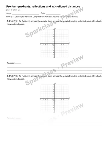 Use four quadrants, reflections and axis-aligned distances — Warm-up — Grade 6 worksheet preview