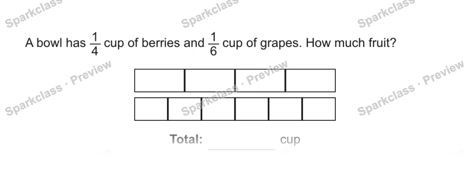 A bowl has 1/4 cup of berries and 1/6 cup of grapes. How much fruit? Total: cup — page 1