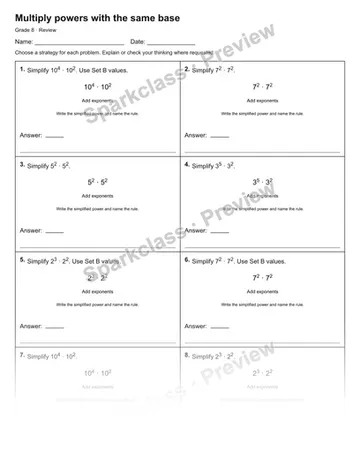 Multiply powers with the same base — Review — Grade 8 worksheet preview